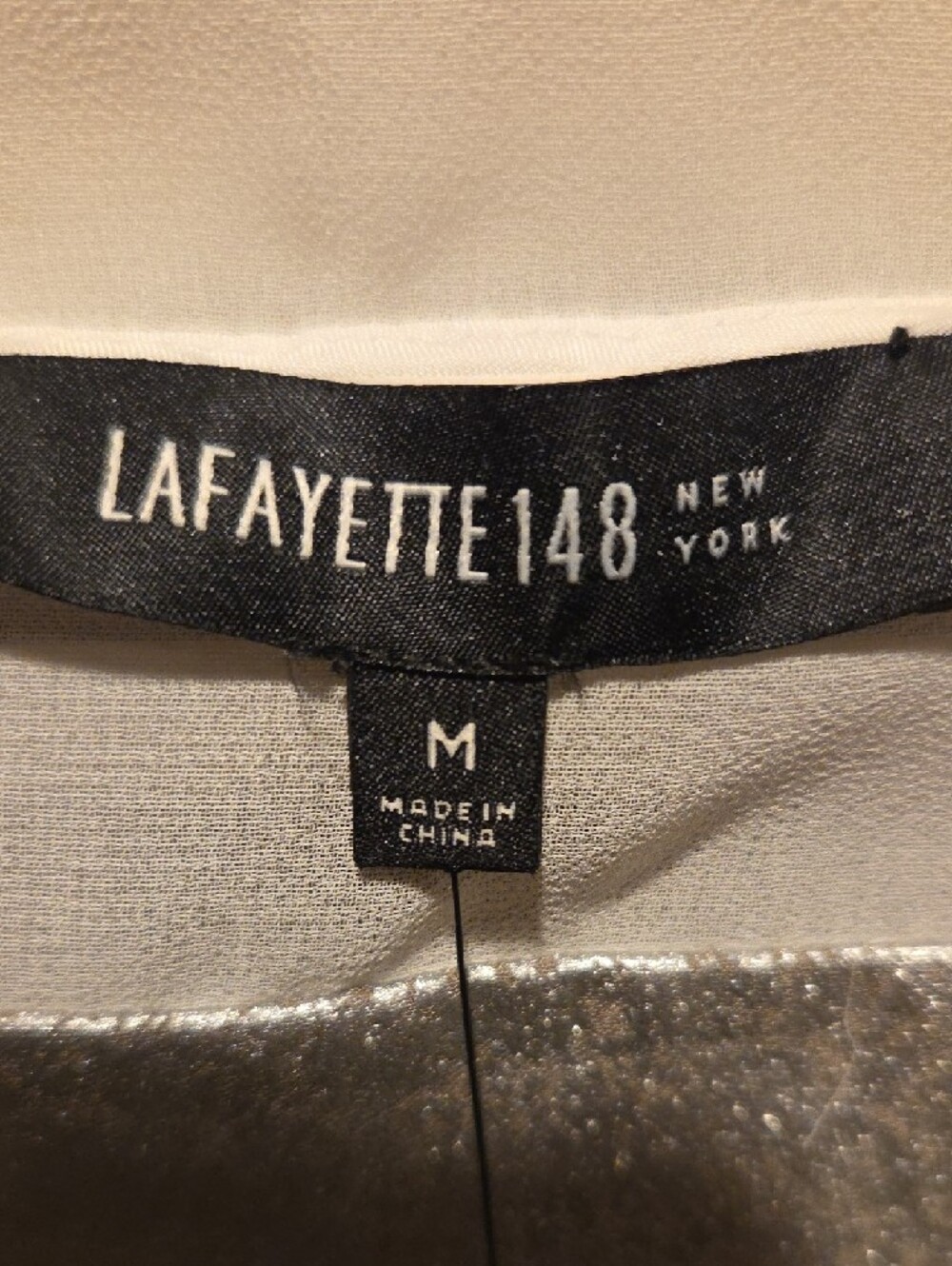 Lafayette 148 New York Taupe and White Silk-Trim Blouse with Silver Accent - Picture 7 of 7